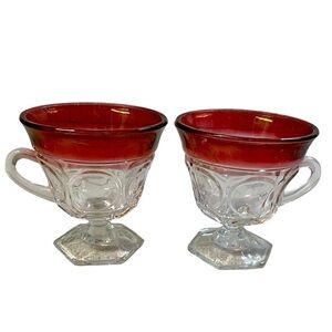 Two Vintage Indiana Glass Kings Crown Punch Cups, Red Flashed Thumbprint pattern